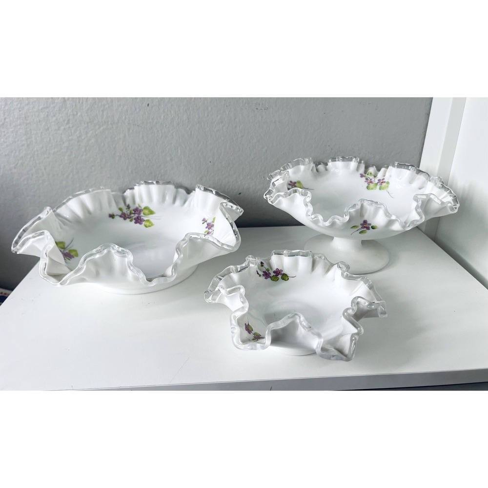 FENTON MILK GLASS‎ SILVER CREST VIOLETS IN THE SNOW HANDLED BON BON DISH LOT (3)